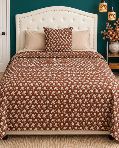 Brown Floral Kantha Quilt, Reversible Hand Block Print Bedspread, Cotton Bed Cover, Indian Boho Bedding, Queen King Quilt, Handmade Throw