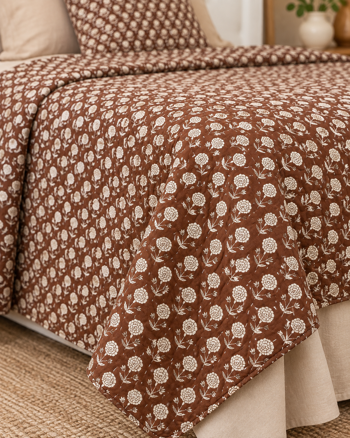 Brown Floral Kantha Quilt, Reversible Hand Block Print Bedspread, Cotton Bed Cover, Indian Boho Bedding, Queen King Quilt, Handmade Throw