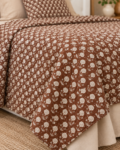 Brown Floral Kantha Quilt, Reversible Hand Block Print Bedspread, Cotton Bed Cover, Indian Boho Bedding, Queen King Quilt, Handmade Throw
