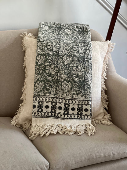 Hand Block Print Cotton Throw Blanket - Floral Green and Cream