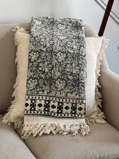 Hand Block Print Cotton Throw Blanket - Floral Green and Cream
