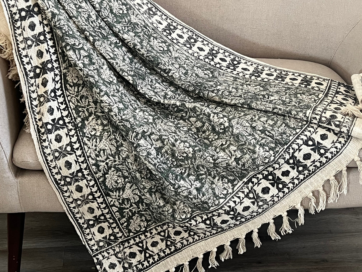 Hand Block Print Cotton Throw Blanket - Floral Green and Cream