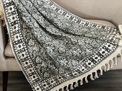 Hand Block Print Cotton Throw Blanket - Floral Green and Cream
