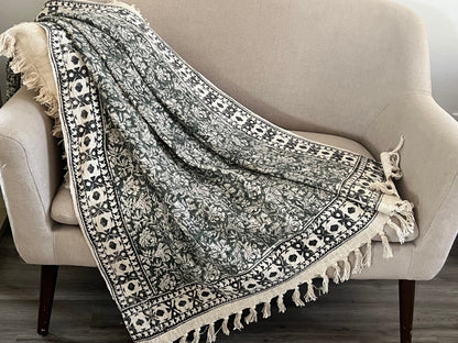 Hand Block Print Cotton Throw Blanket - Floral Green and Cream