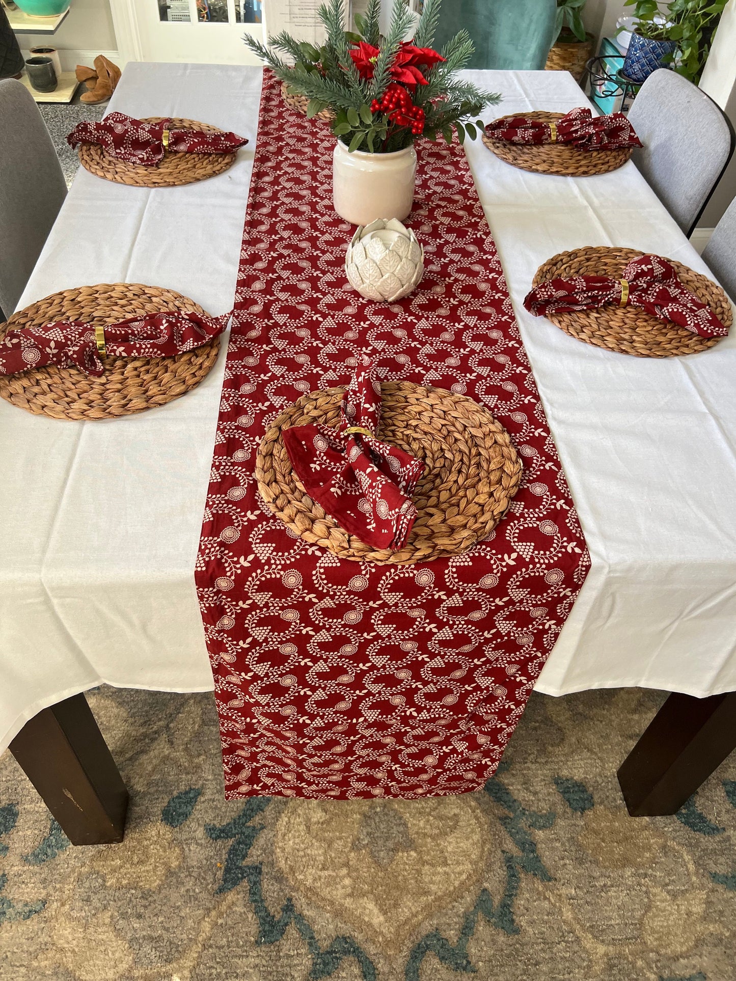 Red cotton wreath table runner, Christmas table scape