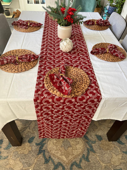 Red cotton wreath table runner, Christmas table scape