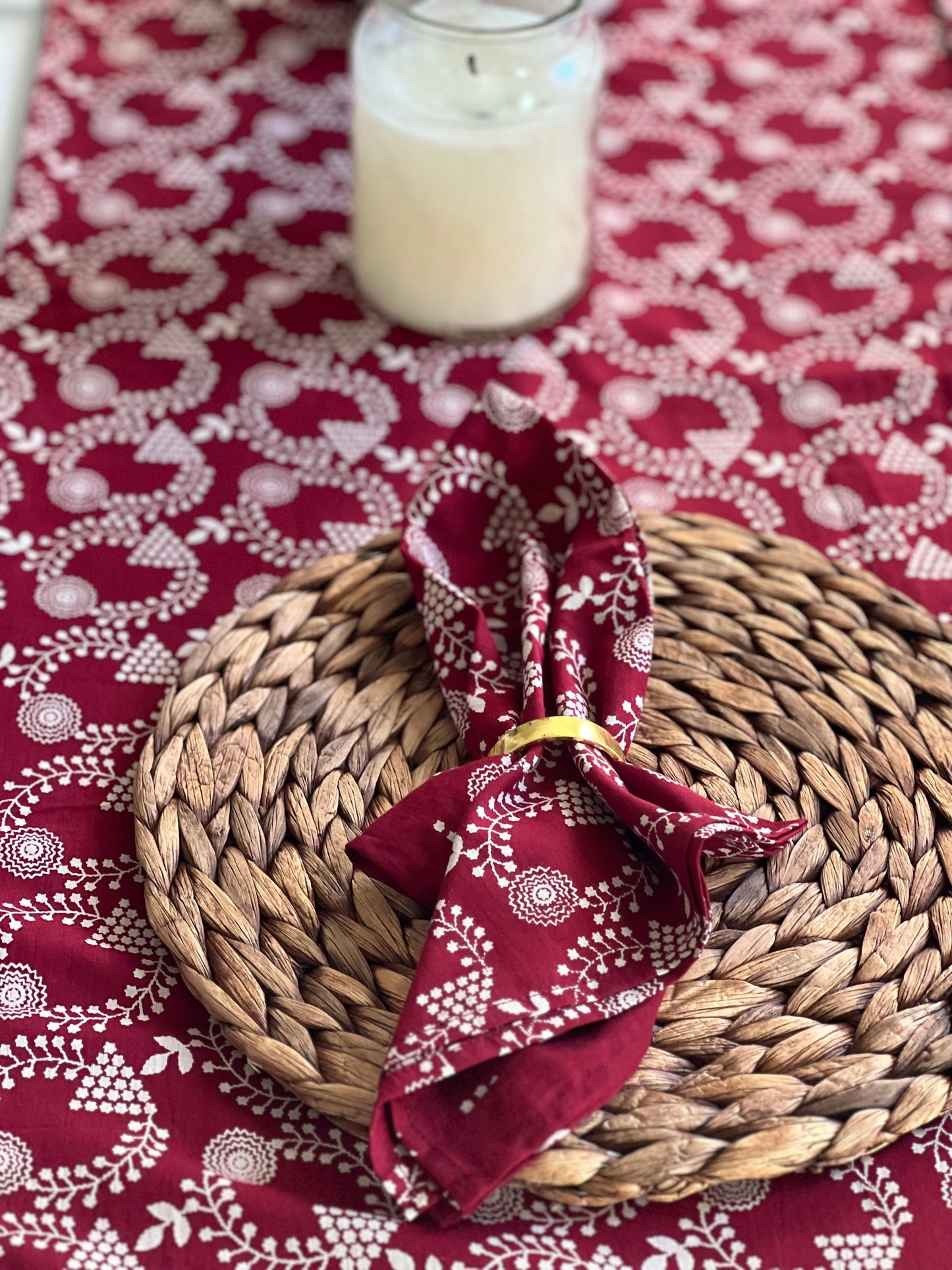 Red cotton wreath table runner, Christmas table scape
