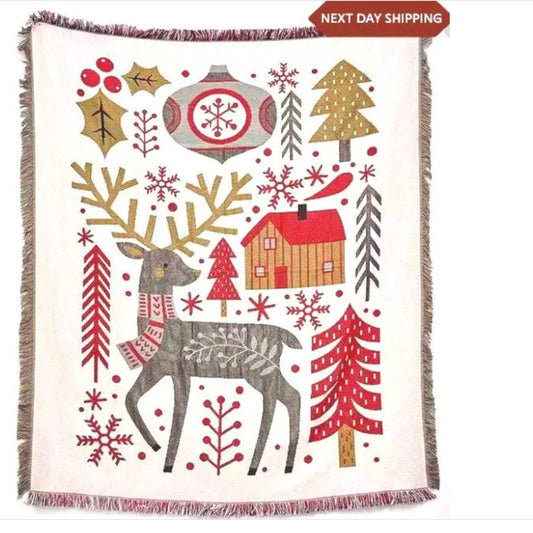 Christmas Wall Tapestry, Holiday Wall Hanging , Christmas  Reindeer Holiday Wall  Decor, Woven Throw Blanket, Holiday Gift for her