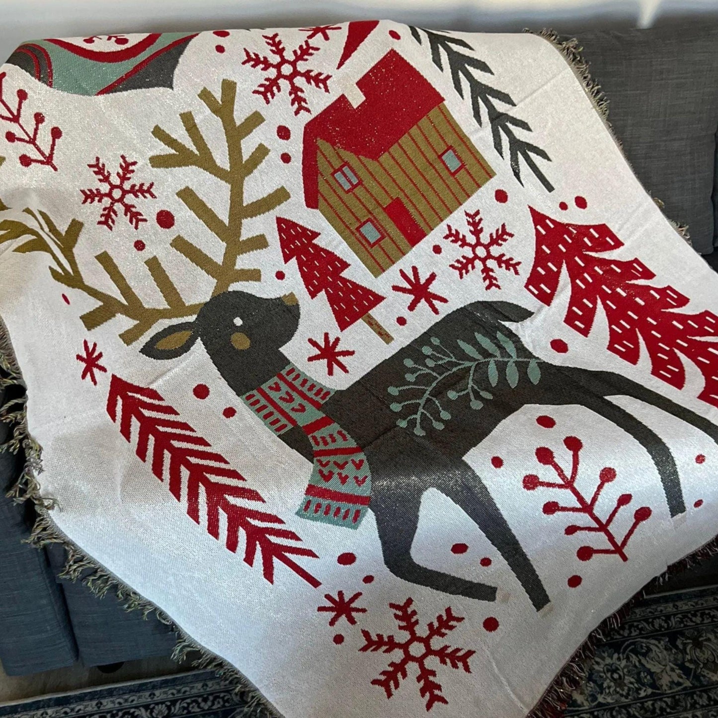 Christmas Wall Tapestry, Holiday Wall Hanging , Christmas  Reindeer Holiday Wall  Decor, Woven Throw Blanket, Holiday Gift for her