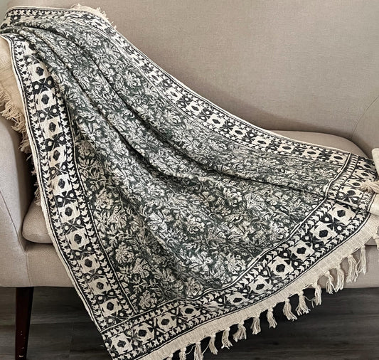 Hand Block Print Cotton Throw Blanket - Floral Green and Cream