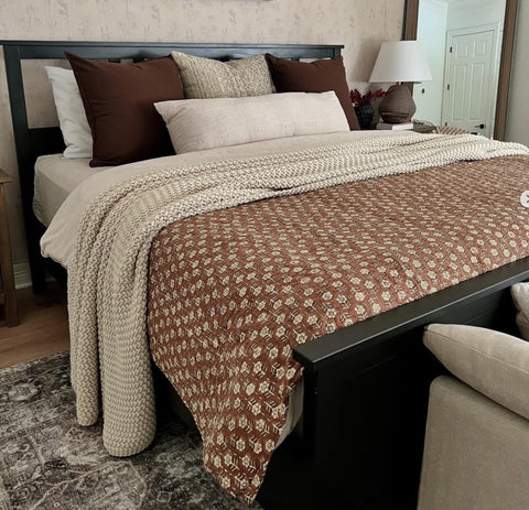 BrownCotton  bedding  kantha quilt  throw Hand block print quilt Handmade cotton quilted coverlet for summer Unique gift for home