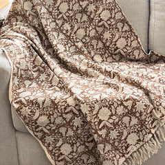 Brown floral throw blanket with tassels Boho home decor Hand block print sofa throw handmade throw for boho bed room decor Housewarming gift