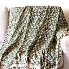 Spring Green blanket, Handmade blanket couch Sofa throw bedroom decor, Hand block print blanket Mother's day gift for mom
