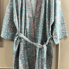 Blue Cotton Kimono Robe Dressing Gown, Hand Block Print Bridesmaid Robe, Summer Nightwear, One Size, Birthday gift for her