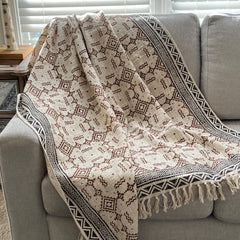 Brown floral throw blanket with tassels Boho home decor Hand block print sofa throw handmade throw for boho bed room decor Housewarming gift