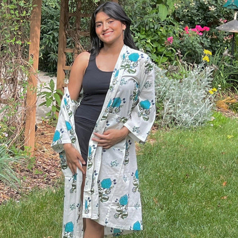 Pure Cotton robe, Summer Kimono Indian Block printed House Robe o, red and Blue Floral Beach Cover up Gift for her
