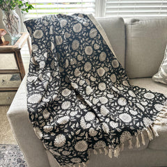 Cotton boho floral throw blanket couch Cotton blanket with tassels hand block aesthetic decor for home handmade unique gift for housewarming