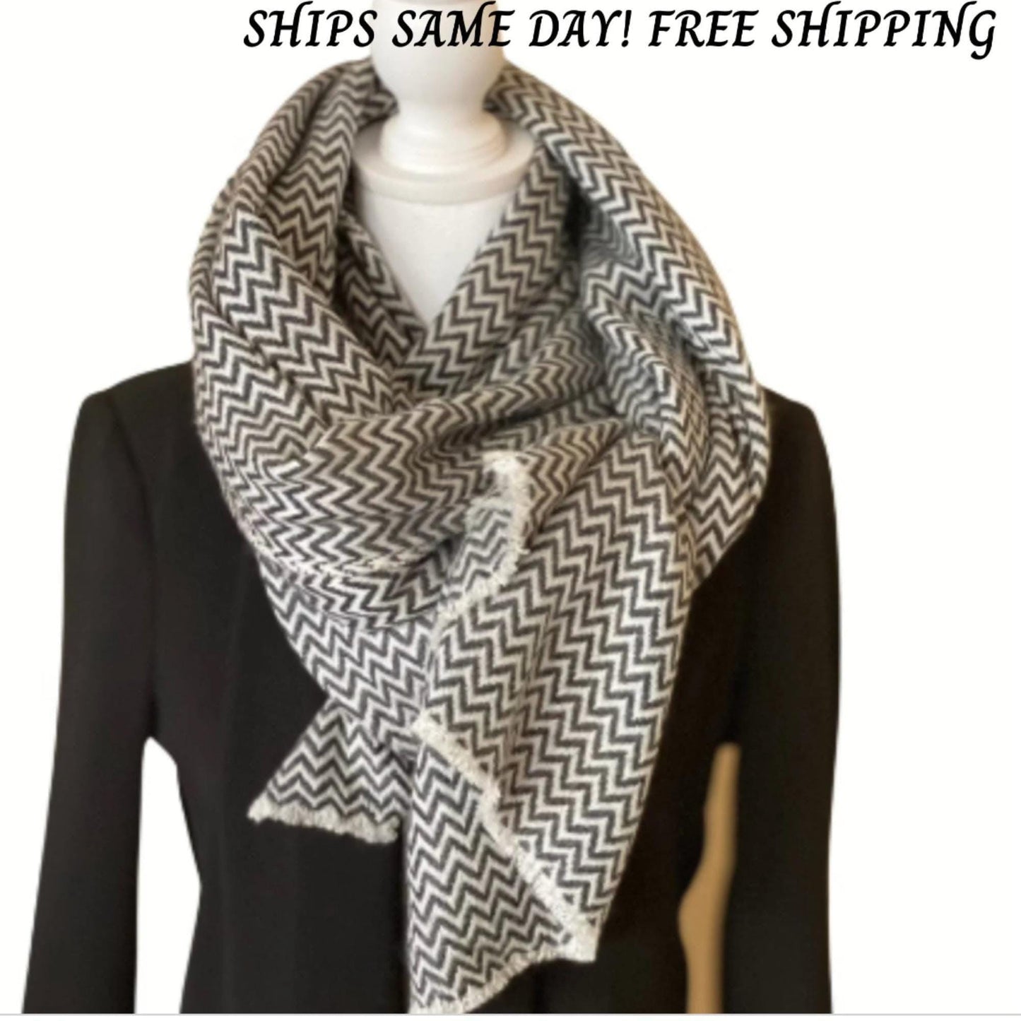 Black Herringbone Merino Wool Scarf, Made in Nepal, Unisex