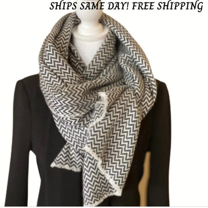 Black Herringbone Merino Wool Scarf, Made in Nepal, Unisex