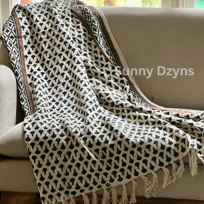 Black Hand Block Print Cotton Throw Blanket: Boho Floral with Tassels