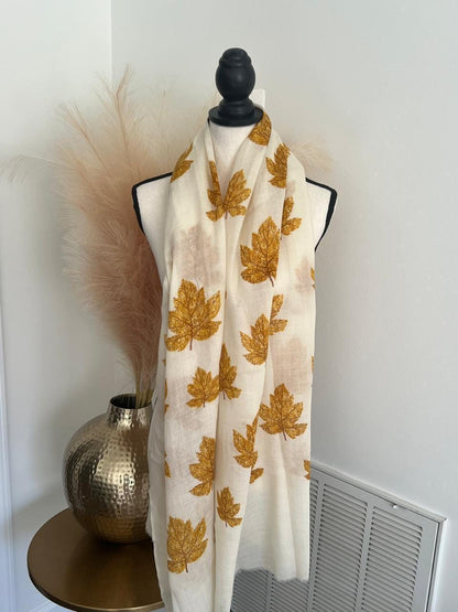 Soft Cashmere Scarf in Yellow Leaves Pattern, Gift for her