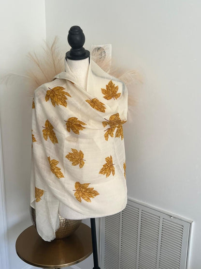 Soft Cashmere Scarf in Yellow Leaves Pattern, Gift for her