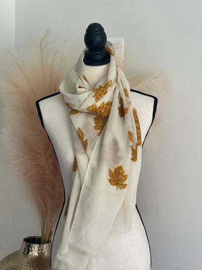 Soft Cashmere Scarf in Yellow Leaves Pattern, Gift for her