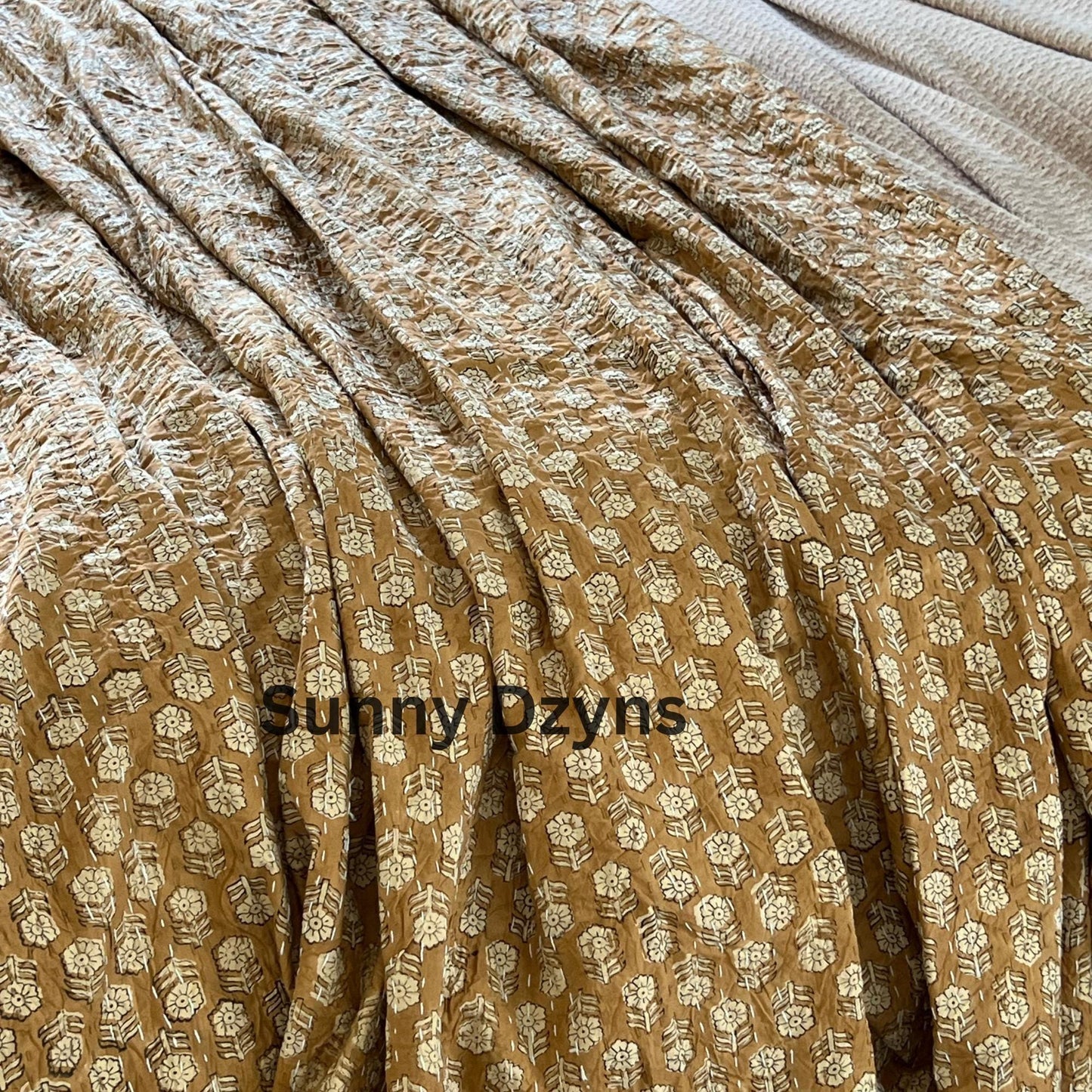 Mustard Yellow Kantha Quilt: Floral Print Indian Cotton Bedding