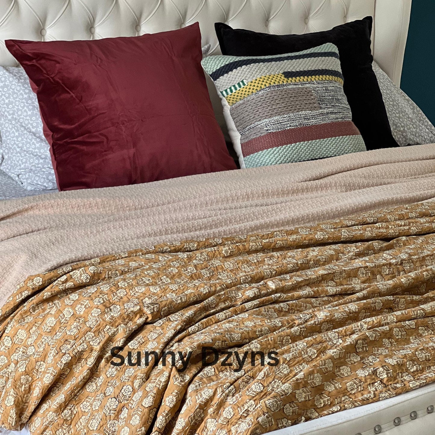 Mustard Yellow Kantha Quilt: Floral Print Indian Cotton Bedding