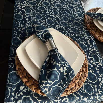 Handmade Indigo Floral Table Runner & Napkins: Block Print Cotton Dining Decor