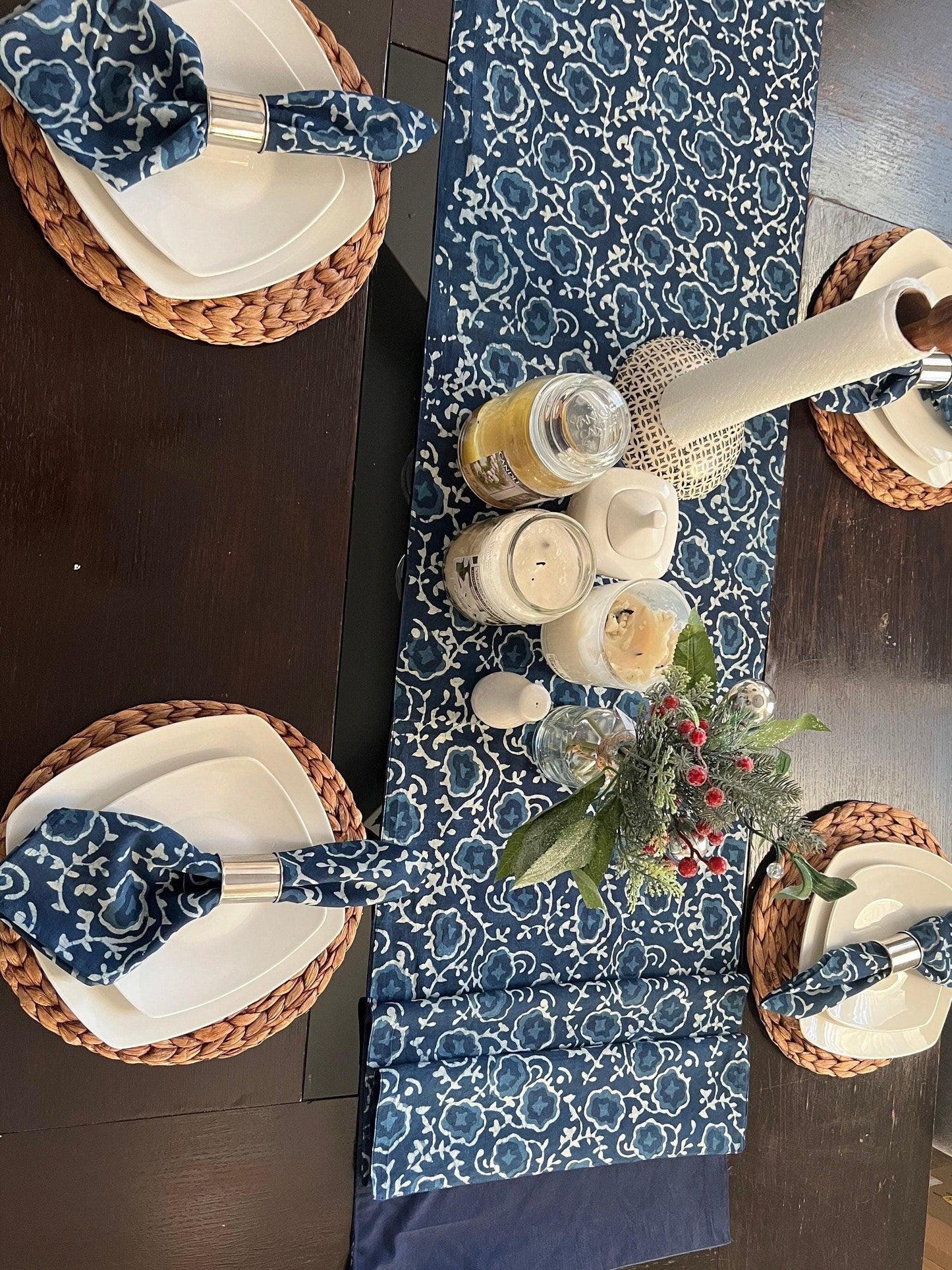 Handmade Indigo Floral Table Runner & Napkins: Block Print Cotton Dining Decor