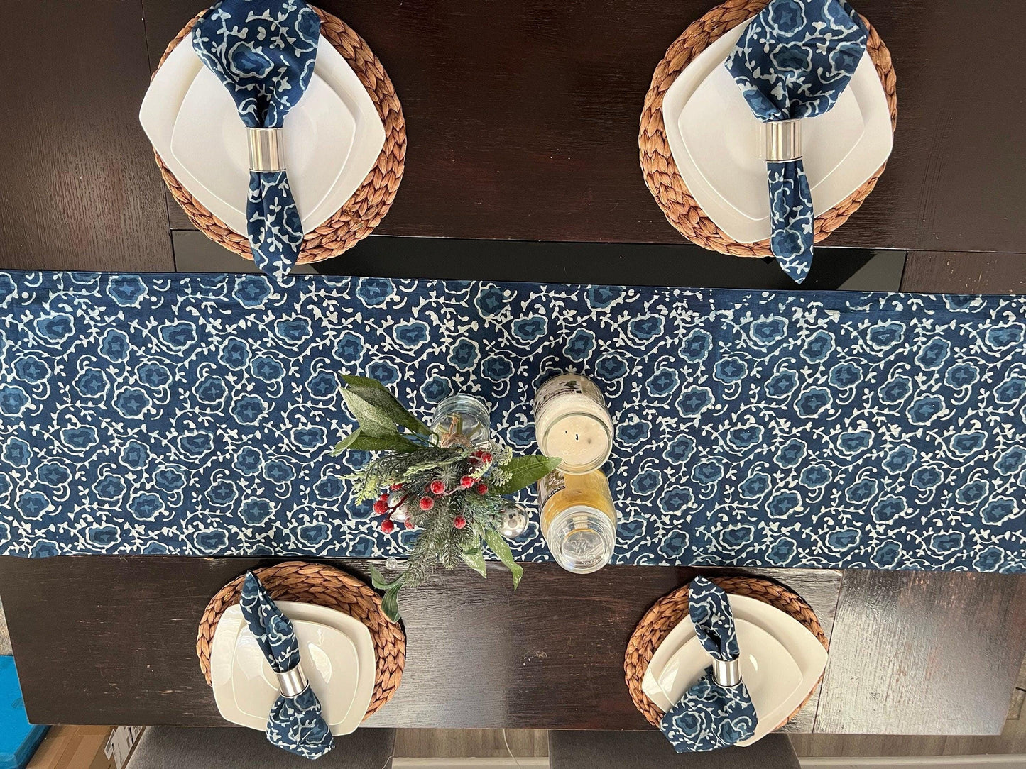 Handmade Indigo Floral Table Runner & Napkins: Block Print Cotton Dining Decor