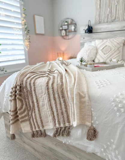 Boho Mud Cloth Throw Blanket: Brown Tufted Cotton Throw