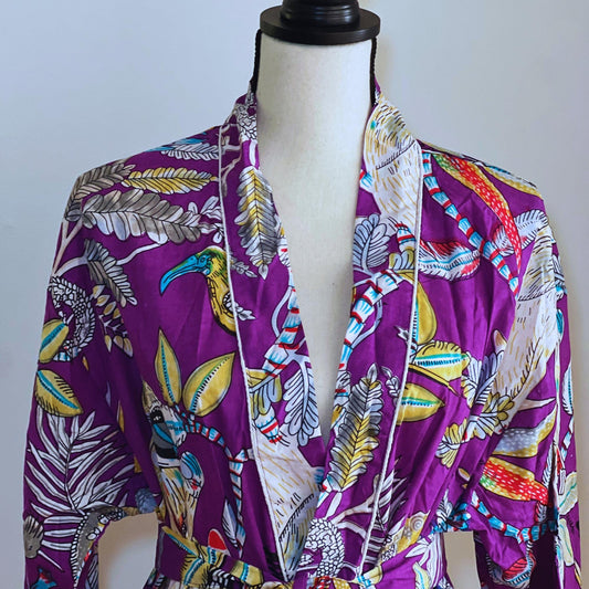 Hand-Printed Cotton Kimono Robe: Boho Short Dressing Gown