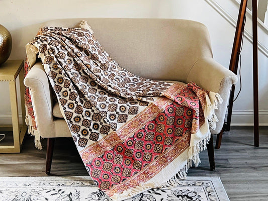 Handmade Pink Block Print Cotton Throw Blanket with Tassels