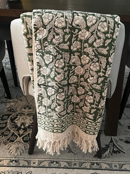 Handmade Indian Block Print Floral Throw Blanket Boho Cotton Blanket with Tassels