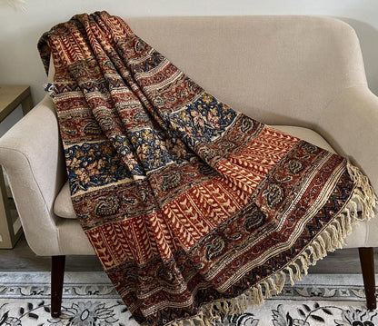 Handmade Floral Block Print Throw Blanket: Boho Tassel Cotton Sofa Decor