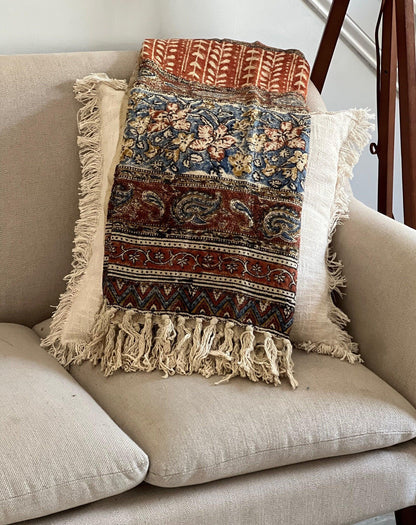 Handmade Floral Block Print Throw Blanket: Boho Tassel Cotton Sofa Decor