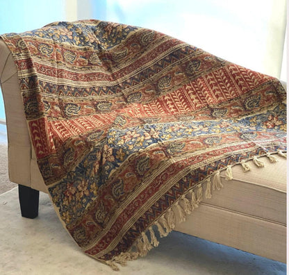 Handmade Floral Block Print Throw Blanket: Boho Tassel Cotton Sofa Decor