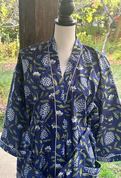 Block Print Cotton Kimono Robe, Women's Loungewear