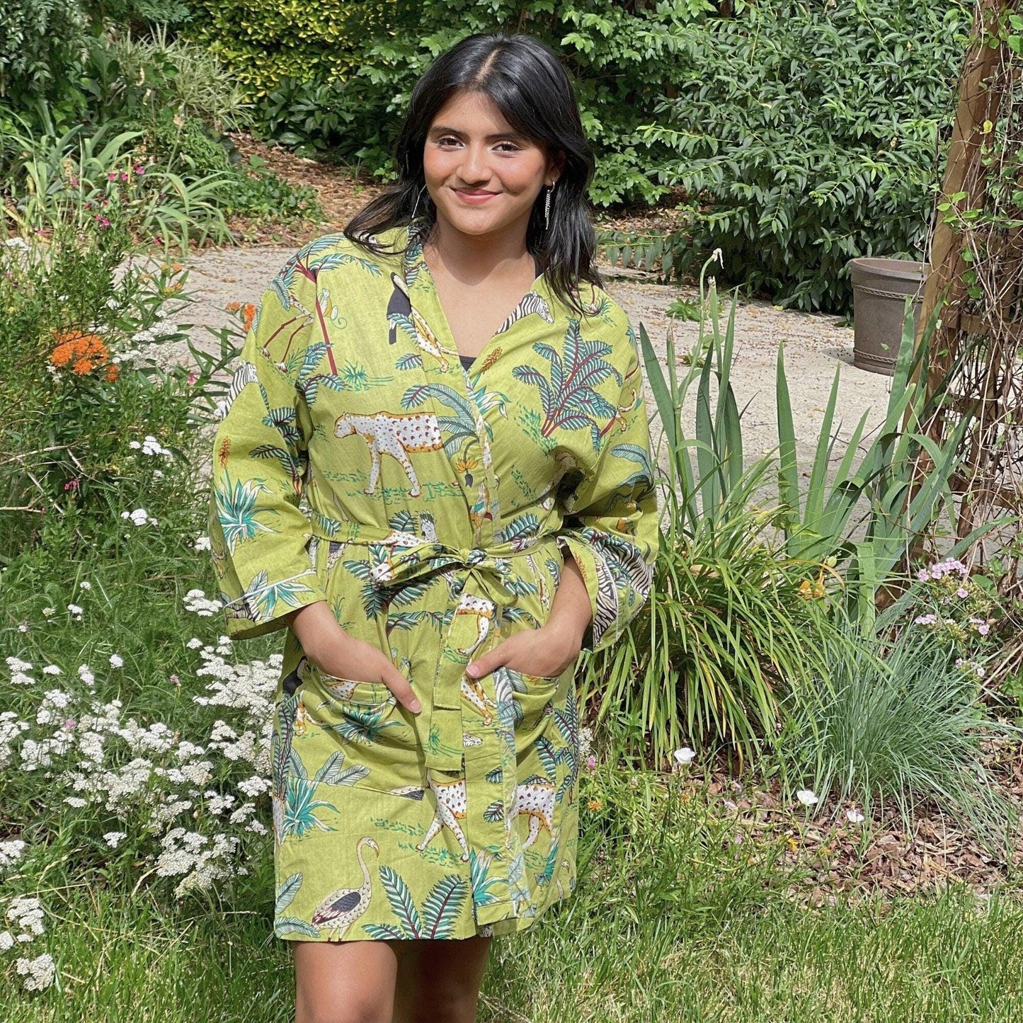 Pure Cotton short length morning robe, Indian Block printed House Robe Summer Kimono