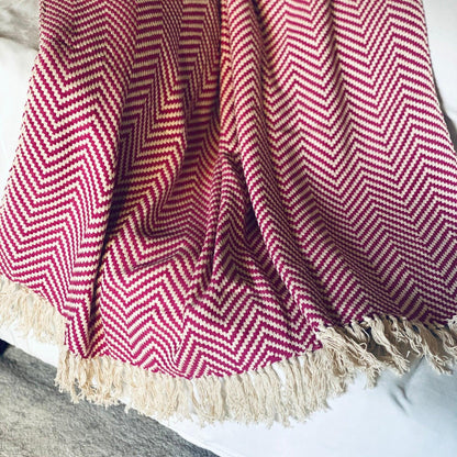 Pink Chevron Cotton Throw Blanket with Tassels