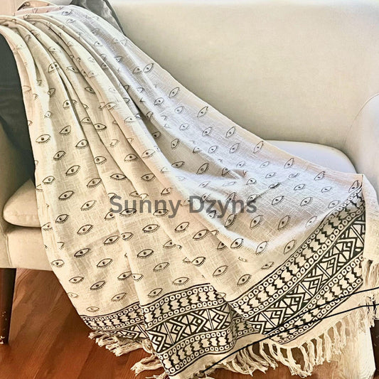 Hand Block Print Black Floral Throw Blanket: Boho Sofa Throw for Home Decor