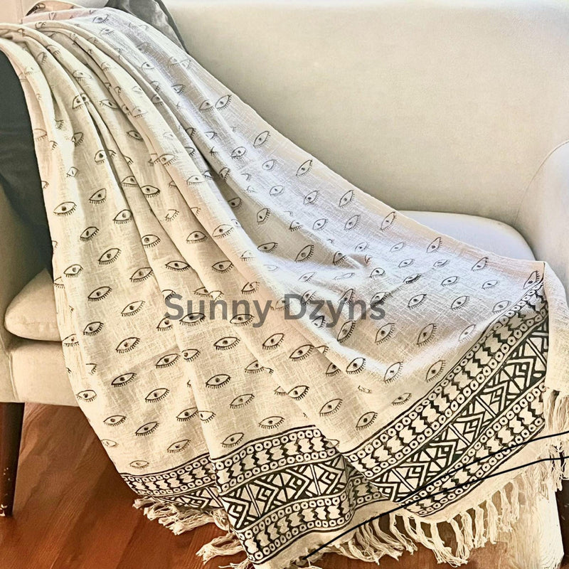 Hand Block Print Black Floral Throw Blanket: Boho Sofa Throw for Home Decor