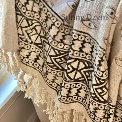 Hand Block Print Black Floral Throw Blanket: Boho Sofa Throw for Home Decor