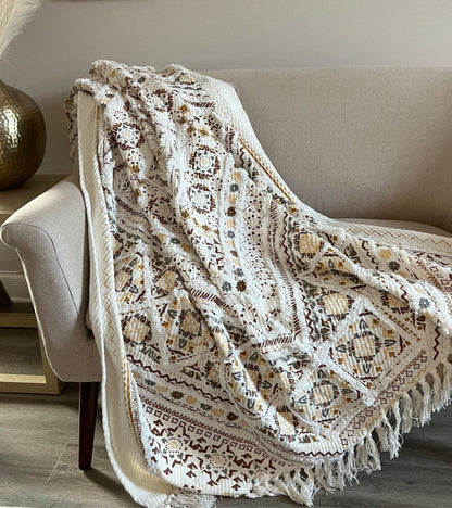 Bohemian Block Print Cotton Sofa Throw with Tassels