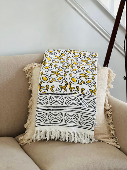 Hand Block Print Cotton Throw Blanket with Tassels