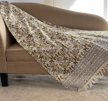 Hand Block Print Cotton Throw Blanket with Tassels