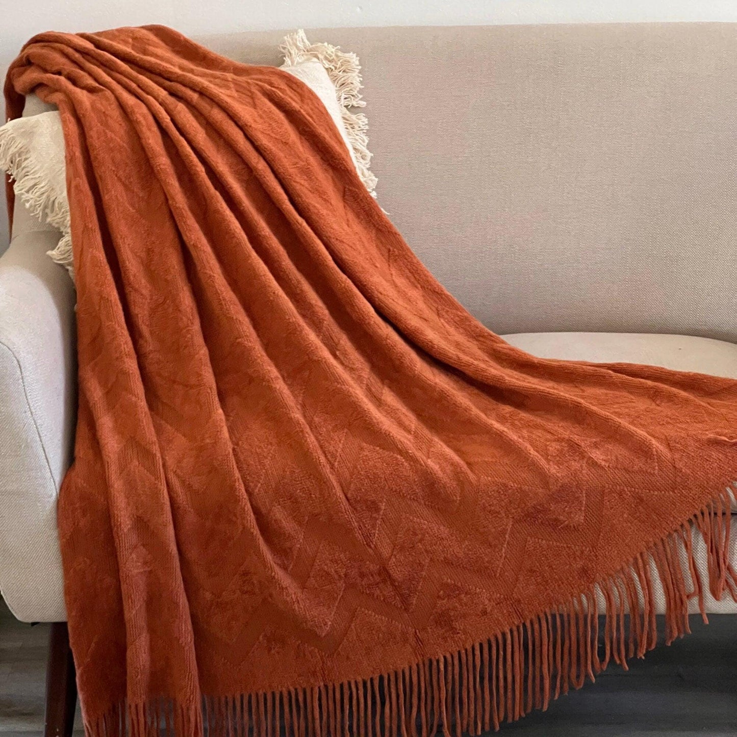 Rust Knitted Throw Blanket: Soft Chevron Pattern, Boho Home Decor