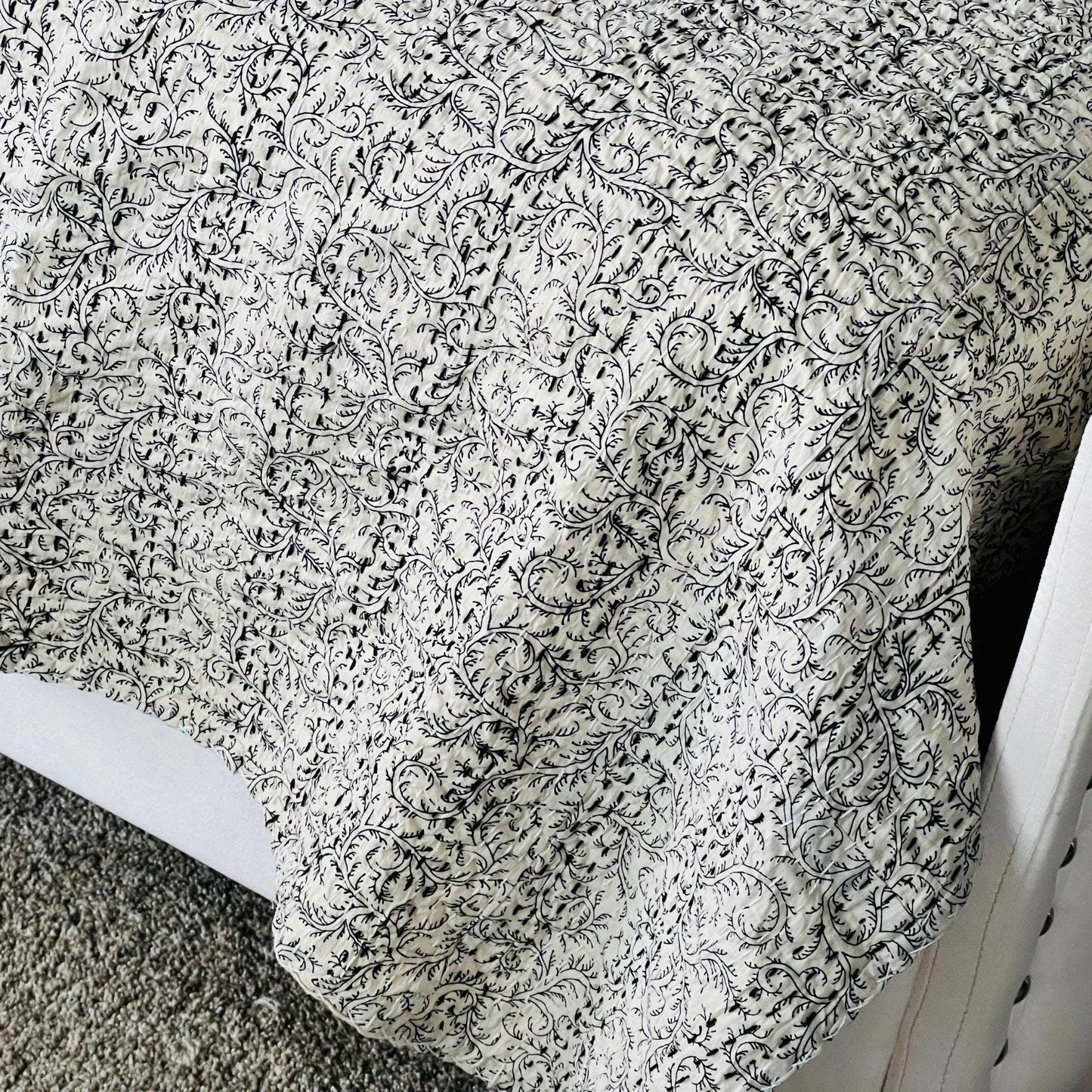 Elegant Beige Cotton Bedding Kantha Quilt, Indian Cotton Bedspread, Kantha Bedding